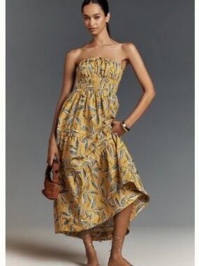 Anthropologie Somerset Maxi Yellow Strapless Floral Midi Dress